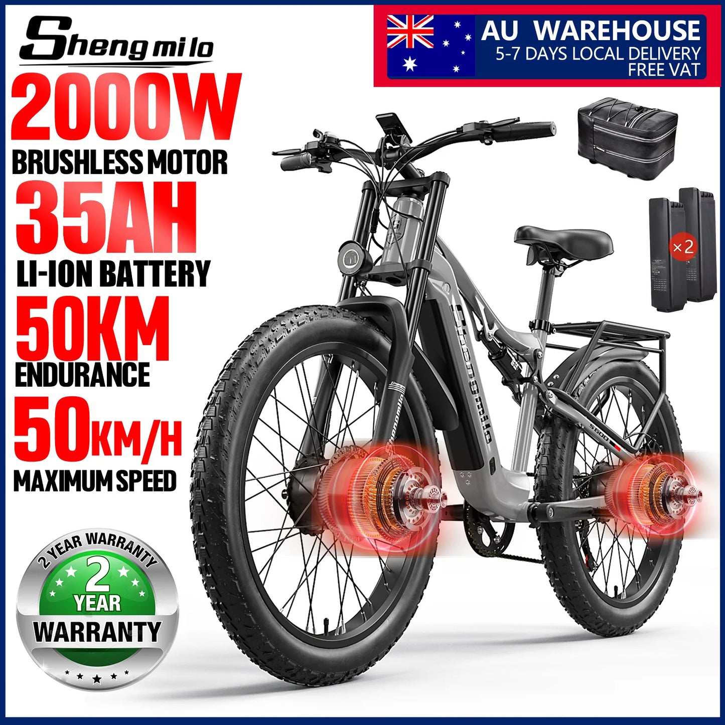 Shengmilo Electric Mountain Bike Dual Motor 2000W Aluminum Alloy Frame