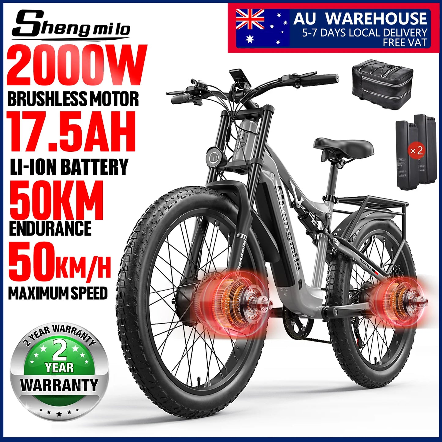Shengmilo Electric Mountain Bike Dual Motor 2000W Aluminum Alloy Frame