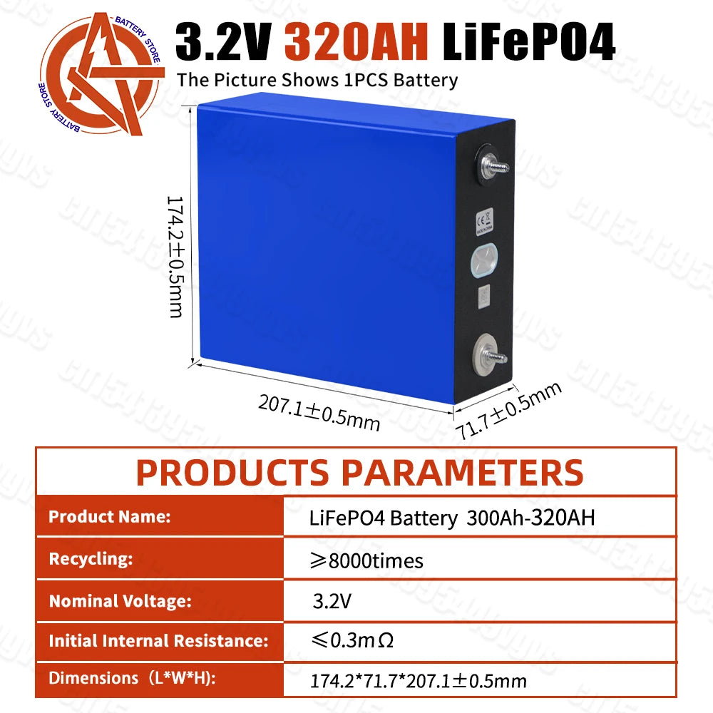 PWOD LiFePO4 Battery 320Ah 3.2V Rechargeable Cell For DIY