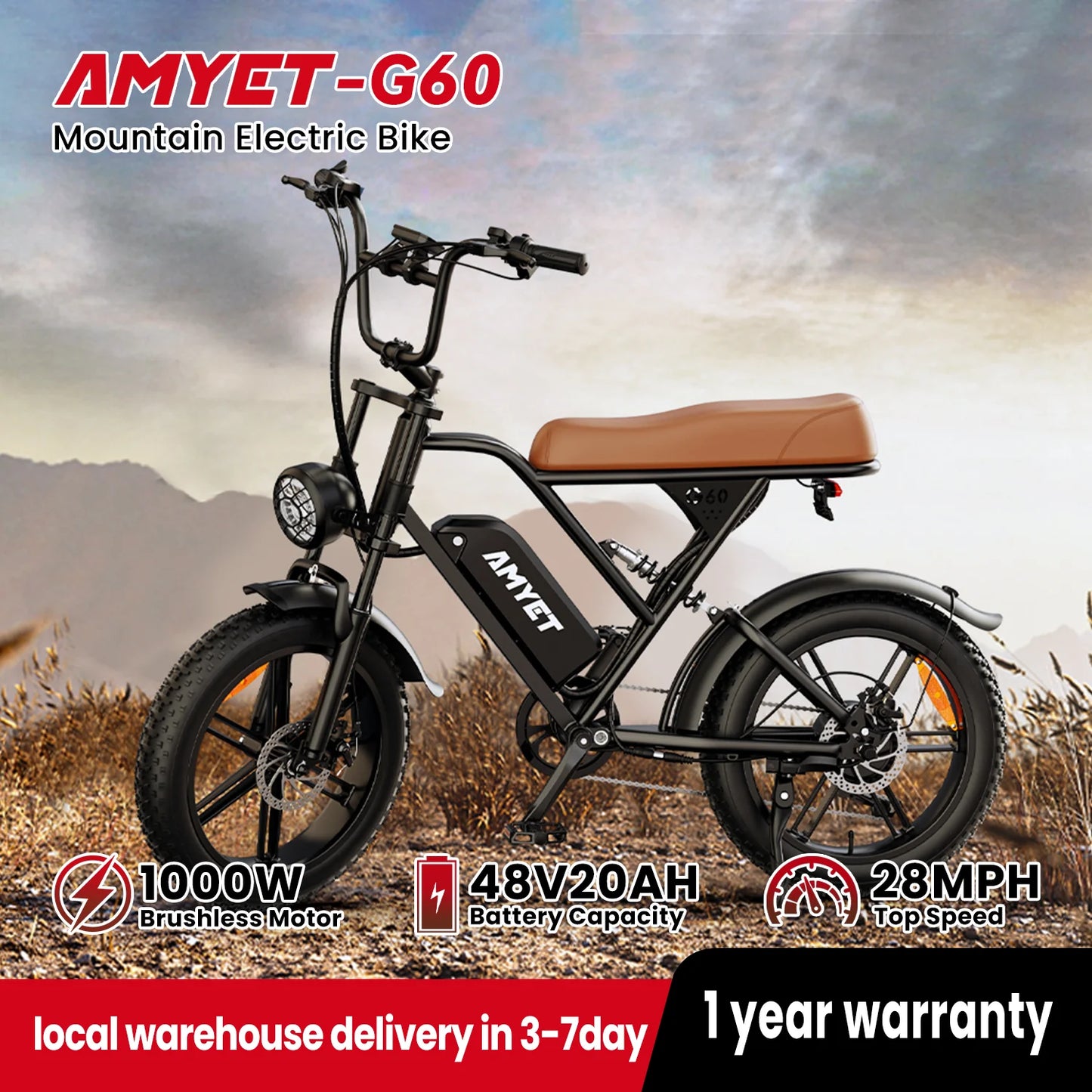 AMYET Electric Bike 1000W Brushless Motor Mountain E-Bike